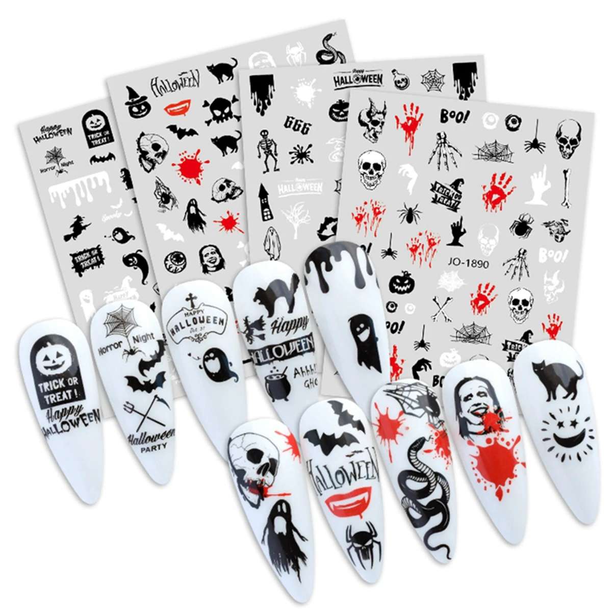 Pegatinas de Halloween para uñas, calcomanías de decoración de Arte de uñas, Calavera, calabaza, murciélago, Araña, dibujos animados, expresiones divertidas, blanco y negro