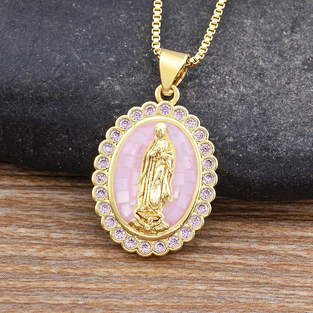 Nidin Top Quality Geometric Virgin Mary 4 Colors Shell Rhinestone Pendant Zircon Necklace Unisex Religious Jewelry Retro Gift