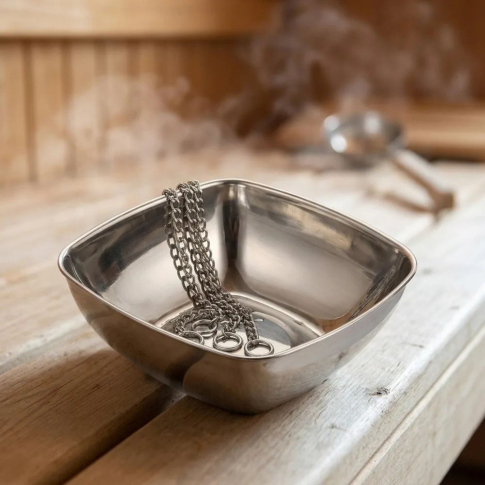 Stainless Steel Sauna Aroma Bowl with Wooden Base for Essential Oil Diffusion on Sauna Stoves and Infrared Heaters