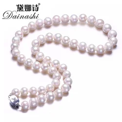 Dainashi 100% Natural Freshwate Pearl Necklace, AA Grade 8-9mm White Near Round Jewelry Necklace With Butterfly Buckle