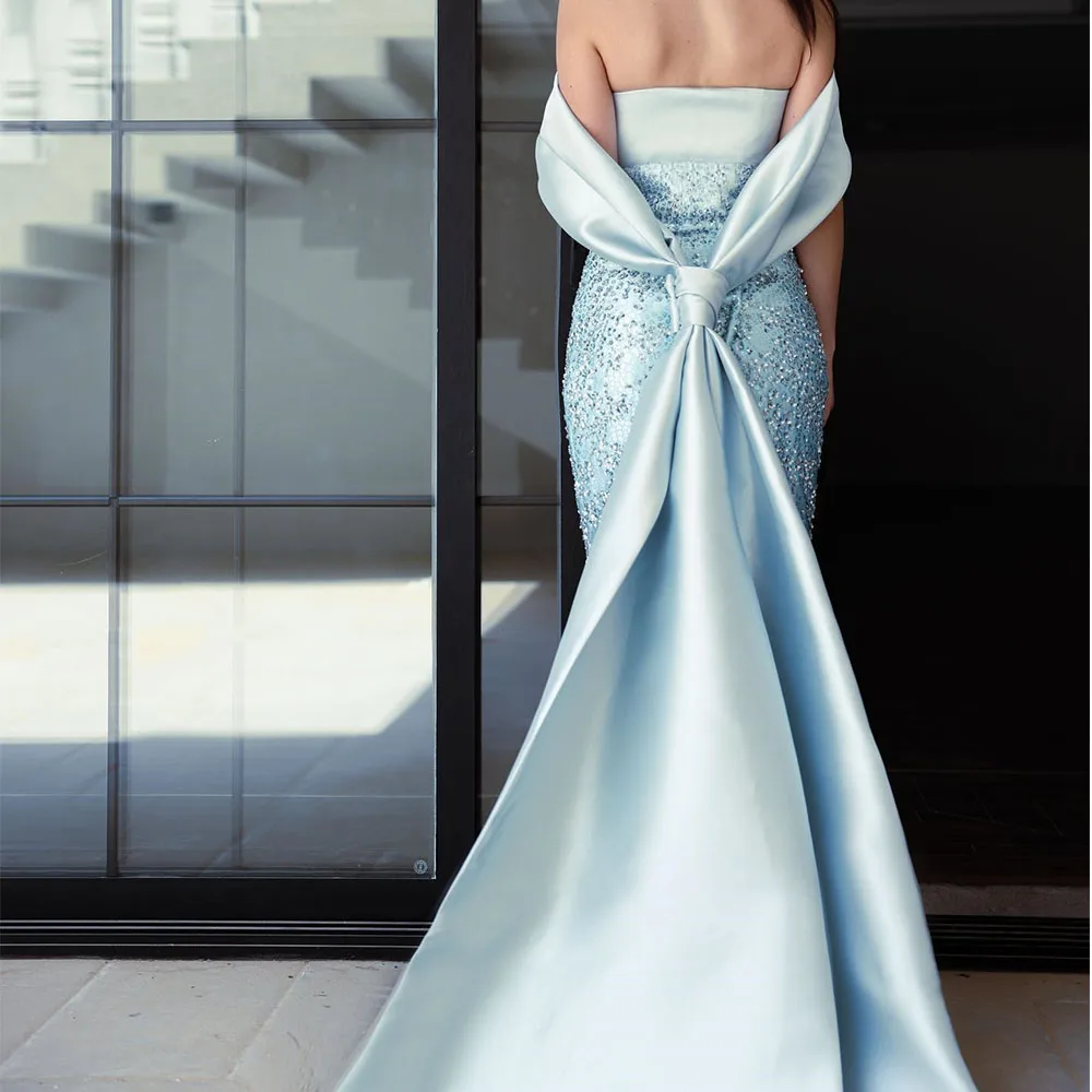 Graceful Crystal Satin Straight Off the Shoulder Evening Dress High Quality Floor Length Boat Neck فساتين سهره نسائيه فخمة