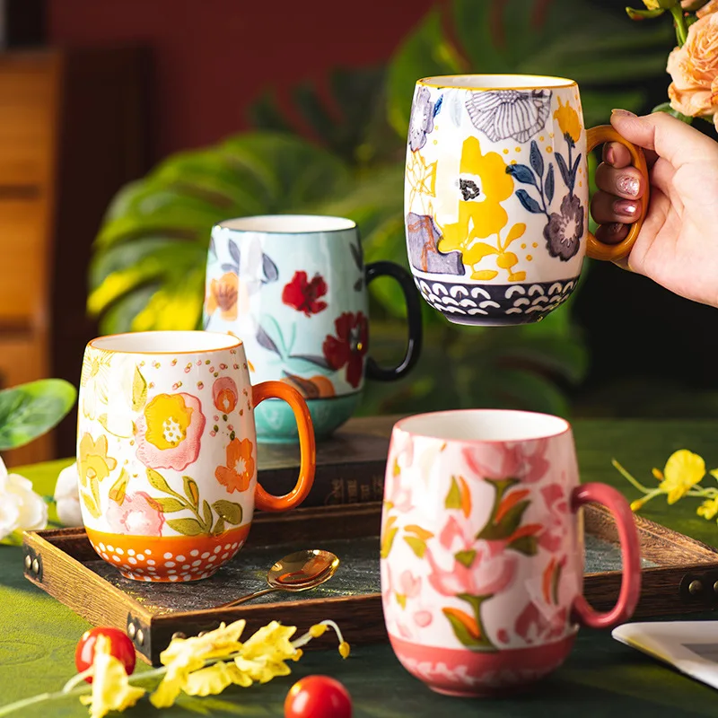 730ML Ceramic Coffee Mug Painted Flower Water Cup Exquisite Afternoon Camellia Flower Tea Cup Large Capacity Breakfast Milk Mug