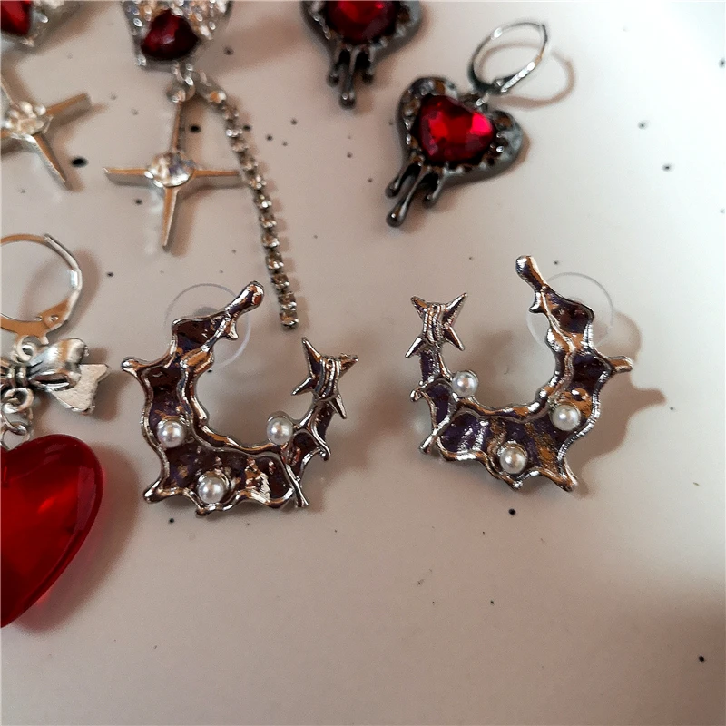 Vintage Gothic Y2K Red Crystal Glass Heart Bowknot Moon Star Pendant Earrings Women Charms Aesthetic Punk Jewelry Accessories