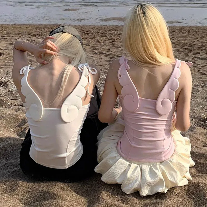 Angel Wing vintage decoration fairycore emo lace up Bowknot spicy girl backless sexy Summer subculture design slim fit tank tops