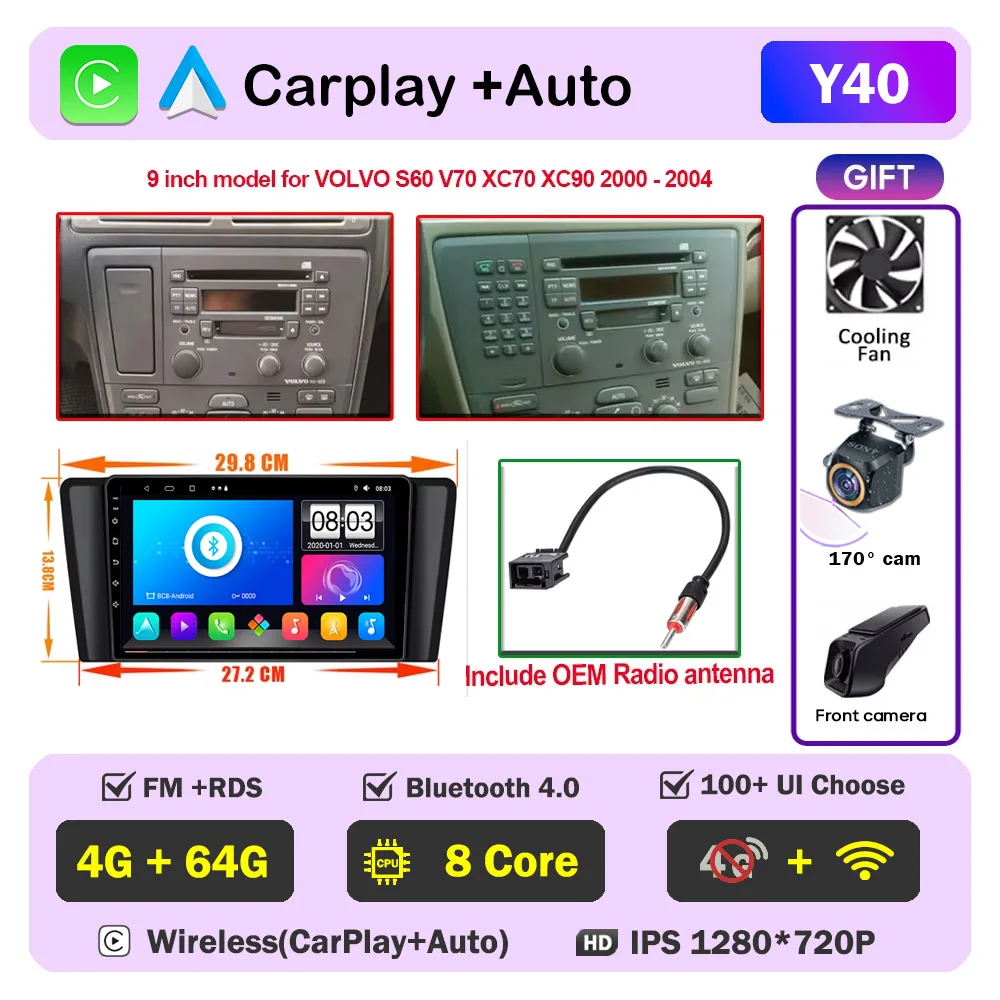 Auto radio CarPlay voor Volvo XC70 V70 S60 2000-2009 Android Auto multimediaspeler stereo 8-core autoradio DSP 5G WIFI scherm DVD