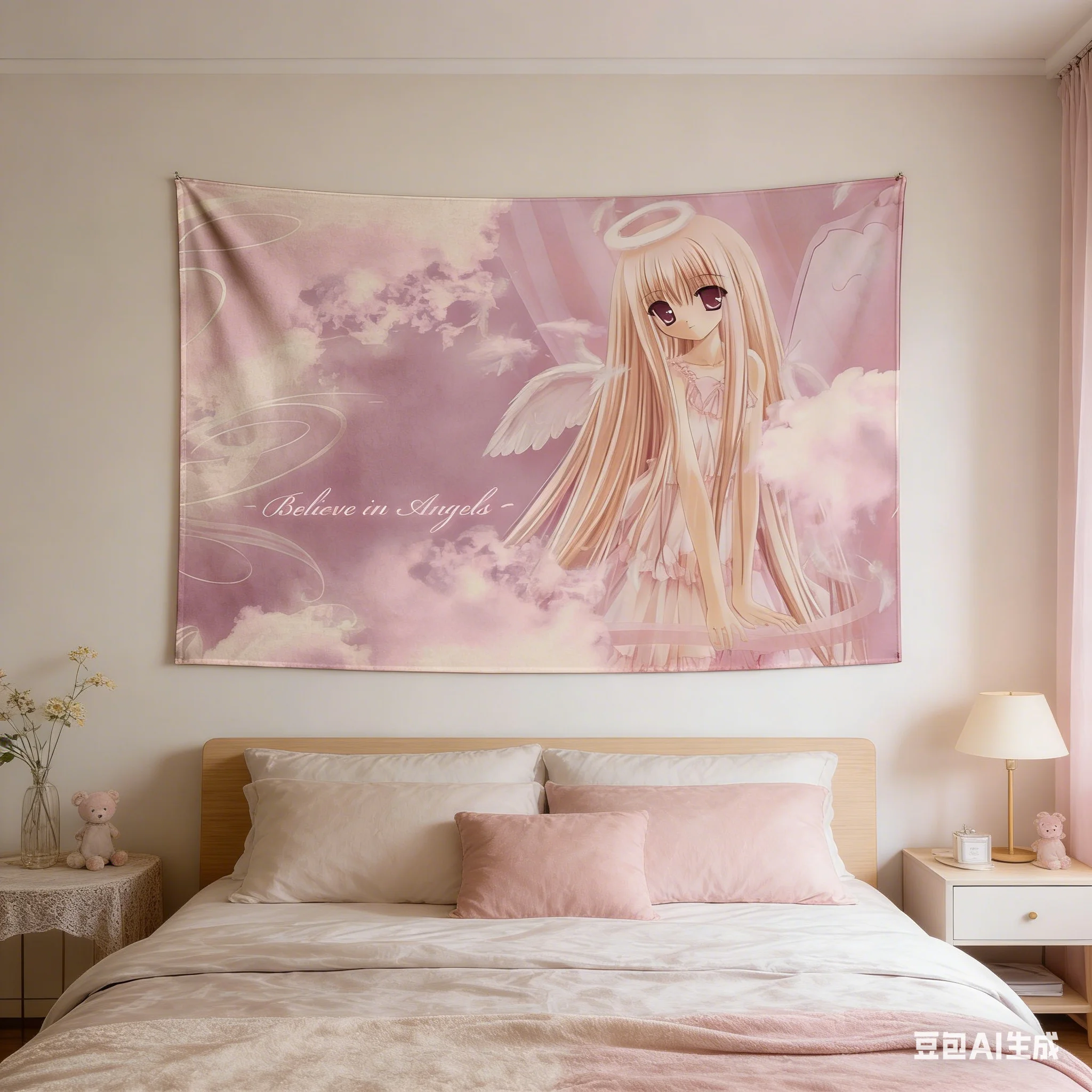 Tapiz de Pared con Diseño de Ángel Kawaii, Impresión Plana en Poliéster 2D, Nube Rosa, Decoración para Dormitorio, Sala de Estar, Regalo