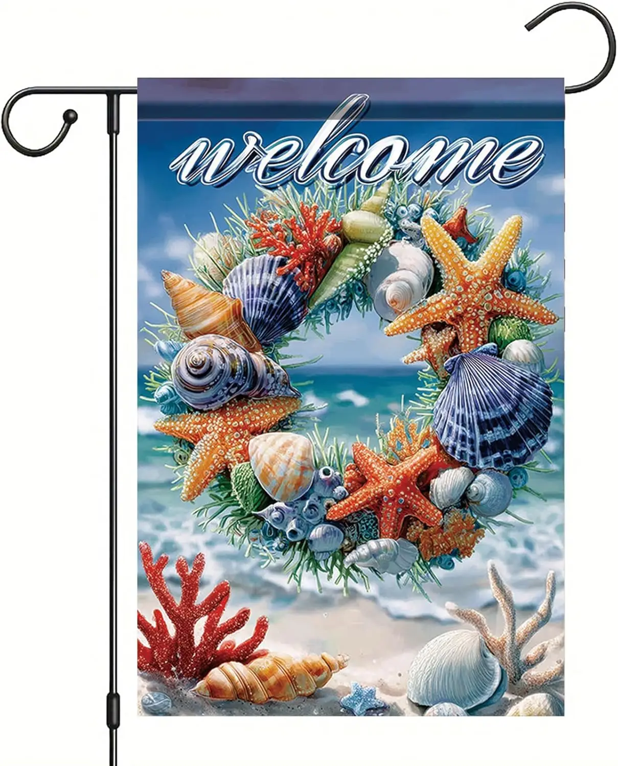 Spring Summer Garden Flag 12x18 Inch Coastal Welcome Seashell Starfish Coral Wreath Ocean Beach Design Outdoor Yard Porch La zzo