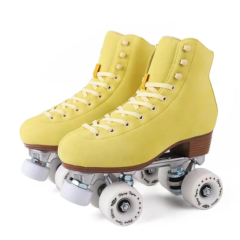 

Yellow Leather Roller Skates Shoes for Adults, 4 Wheels, Sliding Inline, Quad Skating Sneakers, Size 32-49, High Quality