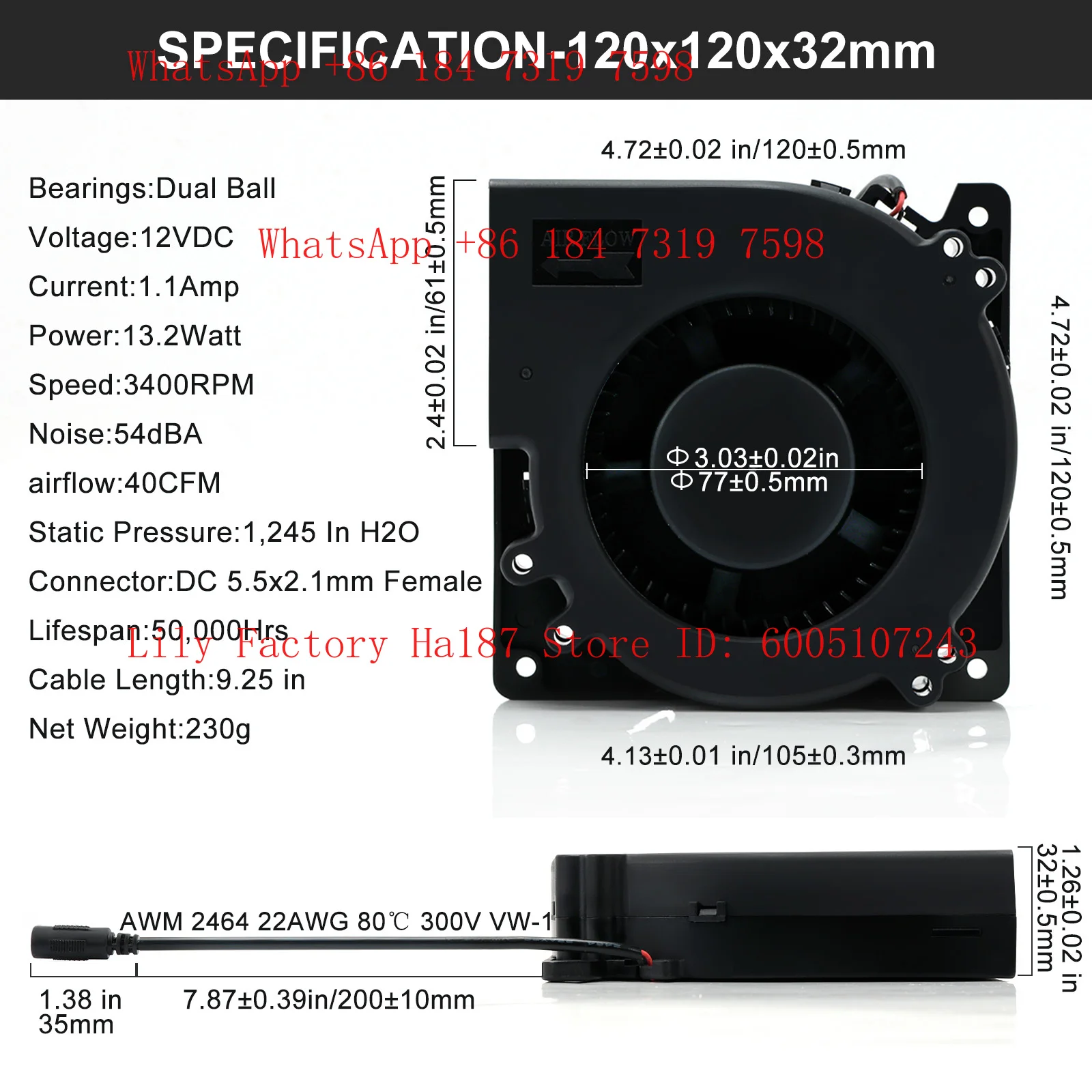 120mm AC Computer Fan Blower 12cm 120x120x32mm 12032 Centrifugal w/ 120V 220V to 3V - 12V 2A with Speed Controller for Grow Tent