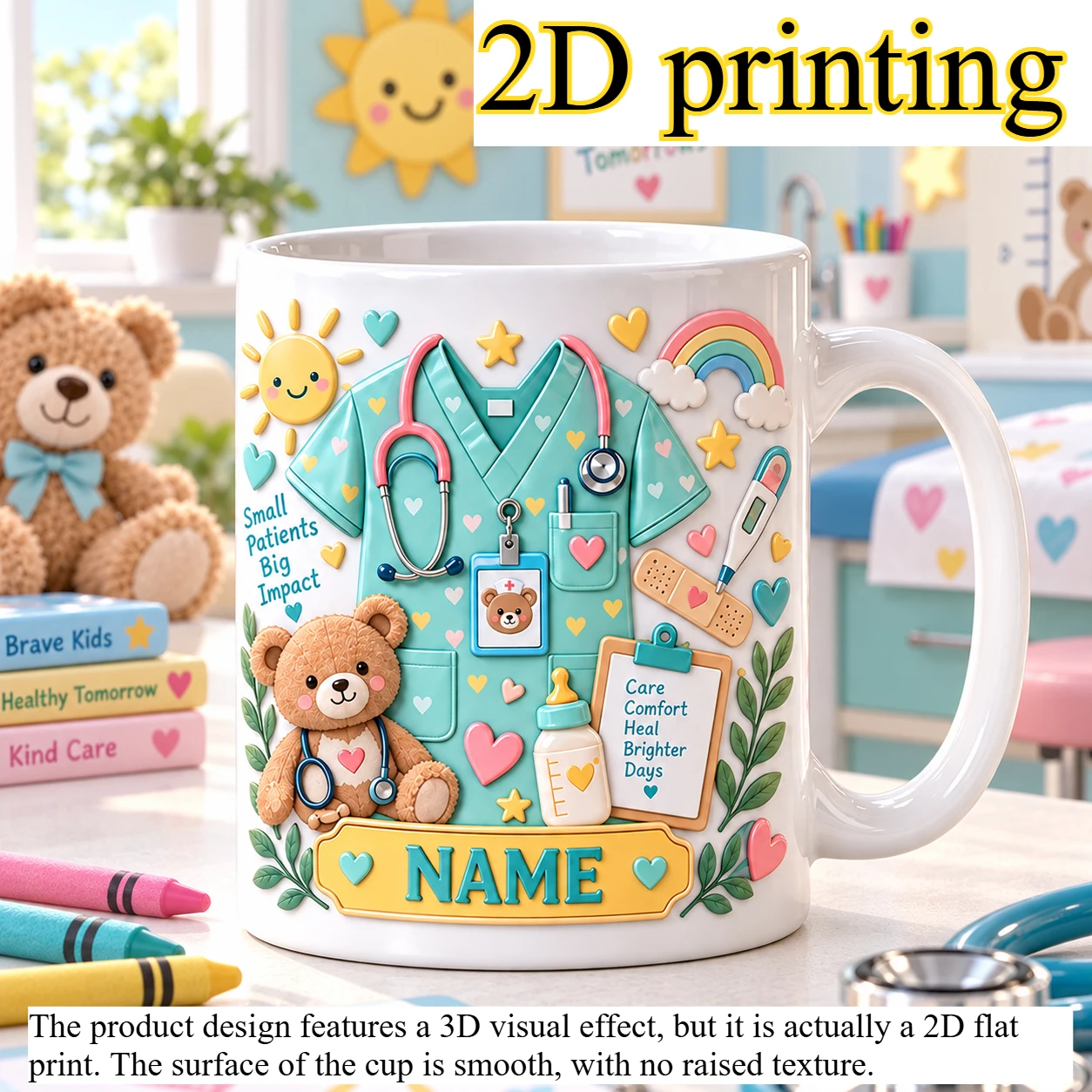 Custom Name Pediatric Nurse Mug 2D Printing 11oz Ceramic Cup Teddy Bear Stethoscope Design Gift for Female Medical Staff Office