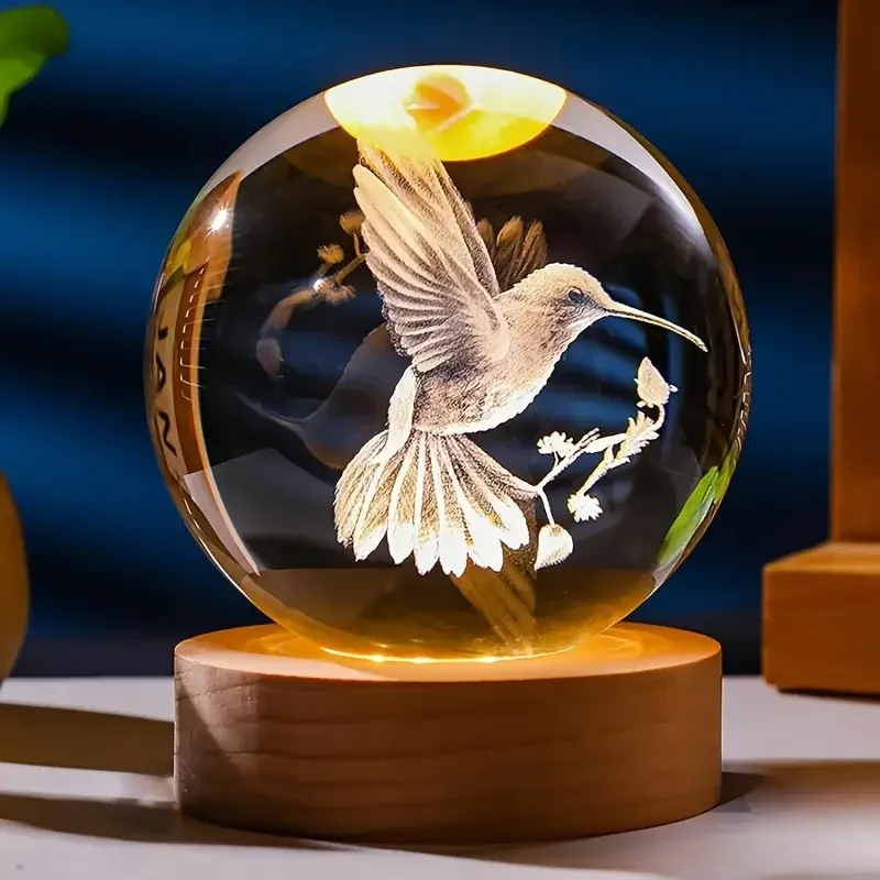 6cm Hummingbird Crystal Ball 3D Laser Engraving Glass Ball Model Suitable for Home Bedroom Decoration Graduation Birthday Gifts