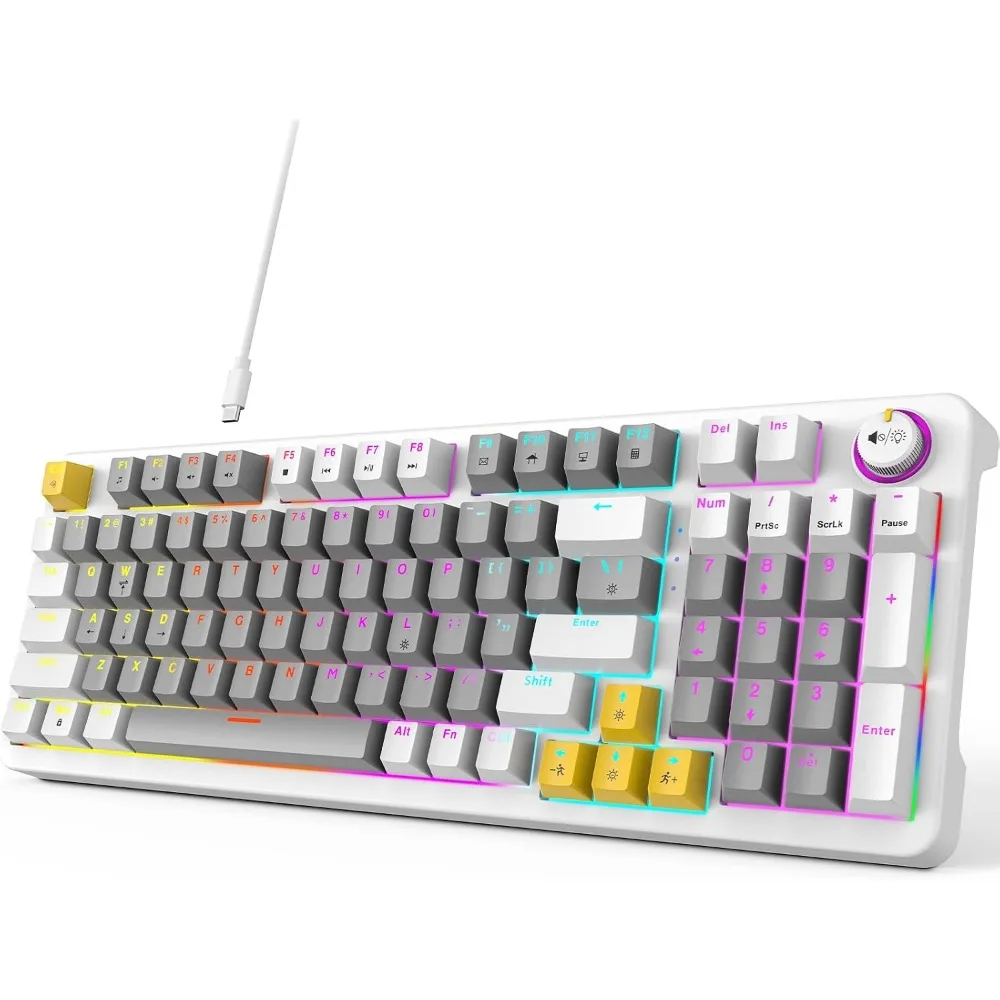 Mechanical Gaming Keyboard with Full Keys LED Backlit and Sound/Light Control Knob for Win/Mac