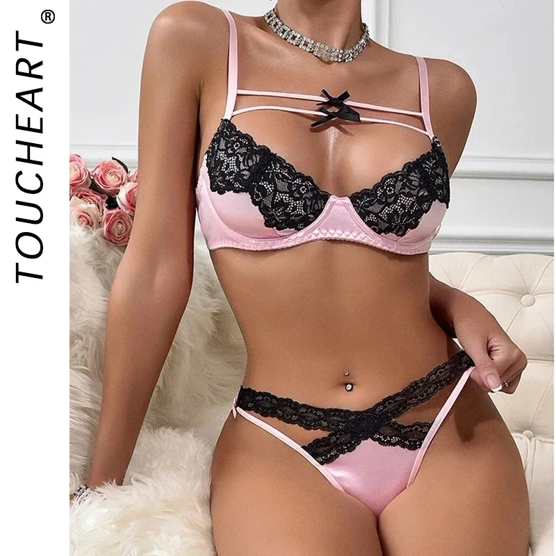

Toucheart сексуальный кружевной лоскутный розовый кружевной бюстгальтер-стринги комплект нижнего белья для женщин с бантом черный кружевной комплект сексуального нижнего белья