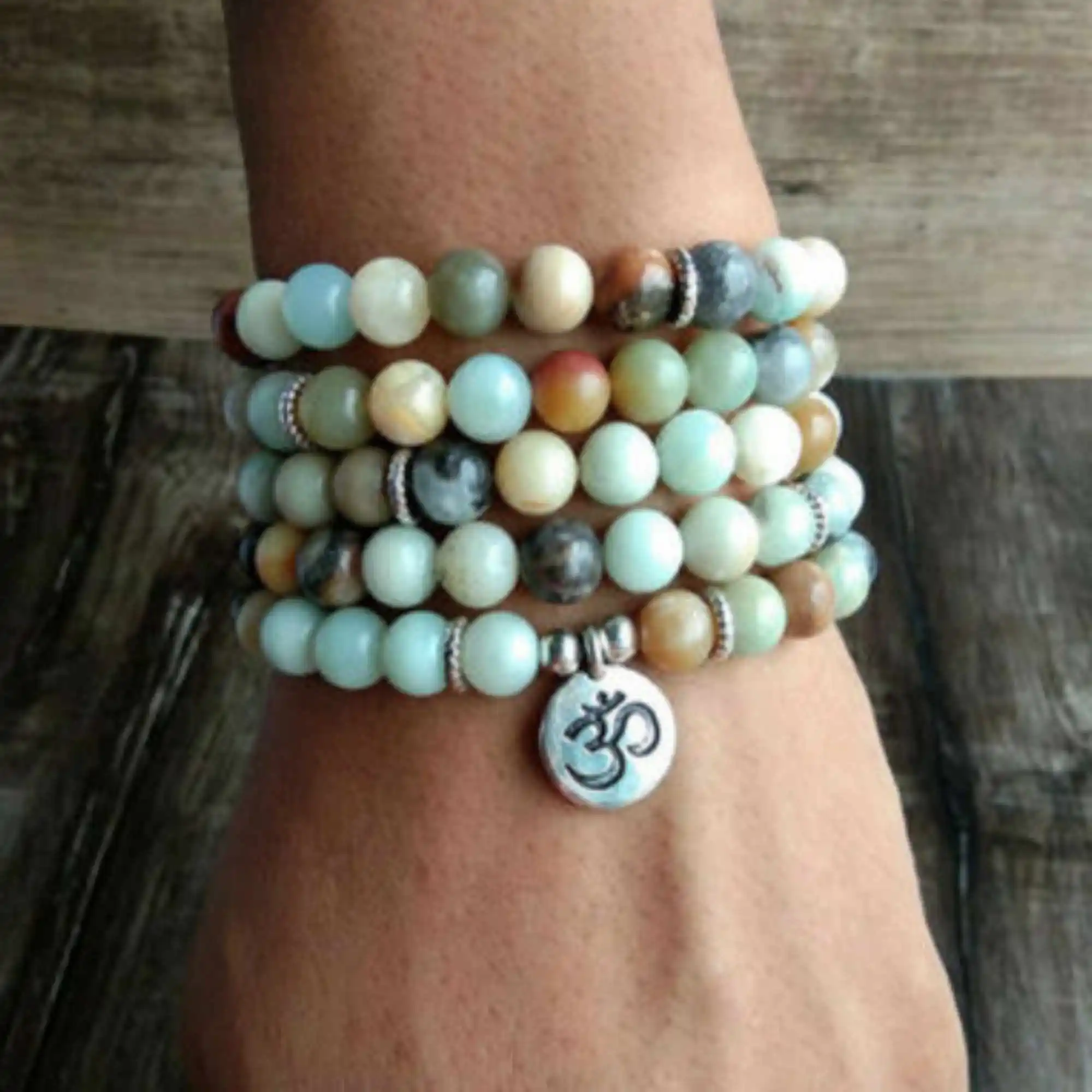 

6mm 108 Amazoniteite mixed bracelet lotus Buddha pendant Gemstone Unisex Sacred Karma Stackable Beaded Prayer