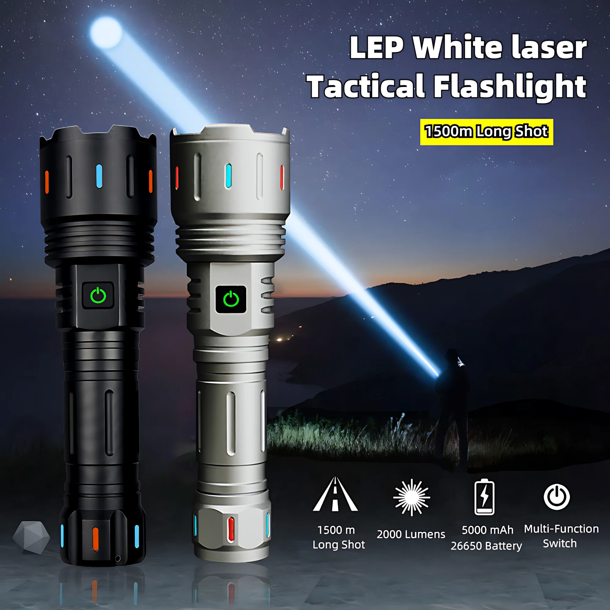 2000 Lumens White LED Tactical Flashlight 30W, 1500m Beam Distance, 5 Modes Zoomable, IPX6 Waterproof, Type-C Rechargeable for Outdoor Hunting Hiking