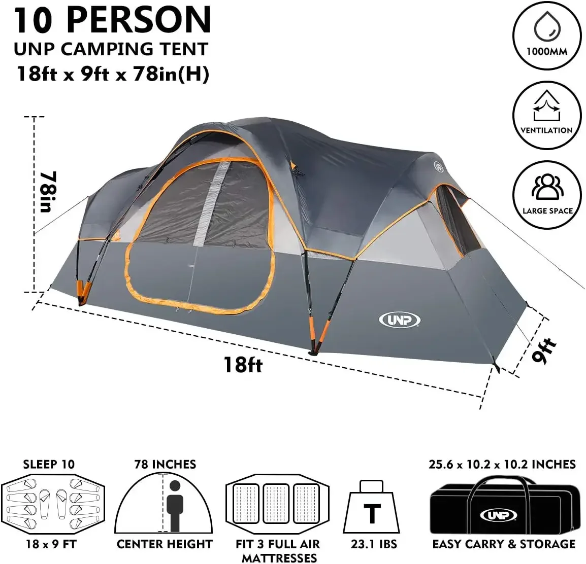 Camping Tent 10-Person-Family Tents, Parties, Music Festival Tent, Big, Easy Up, 5 Large Mesh Windows