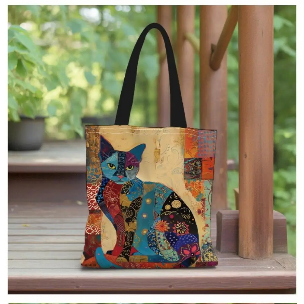 Cartoon Cat Oil Painting Tote Bag Large Capacity Shopping Bag Casual Commuting Canvas Bag Women'S Shoulder Handbag Stylish