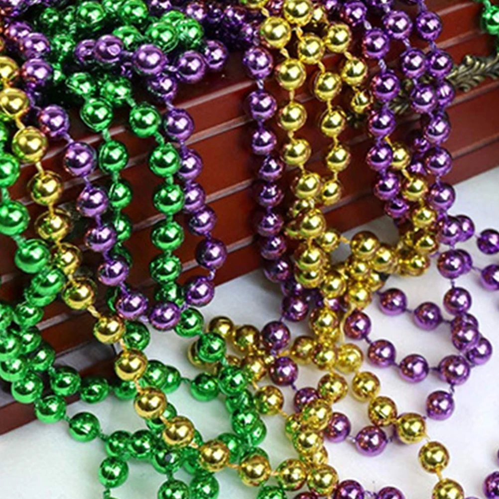 

12 Pcs Necklace Bead Chain Mardi Gras Carnival Plastic Necklaces Yellow Green Purple Beaded Chains Lightweight