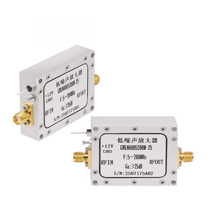 

Низкошумный усилитель (LNA) Gwave GWLNA005200M-25 с разъемом SMA (гнездо), коэффициентом шума 3,0 дБ, диапазоном 5–200 МГц, сопротивлением 50 Ом, усиление 25 дБ, радиочастотный усилитель