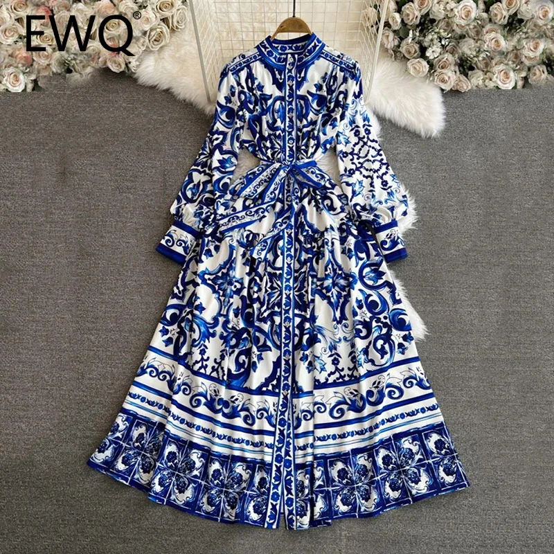 

EWQ Vintage Print Belt Dress For Women Long Sleeved Stand Neck Garhered Waist Slim A-line Dresses 2024 Summer New 27C815