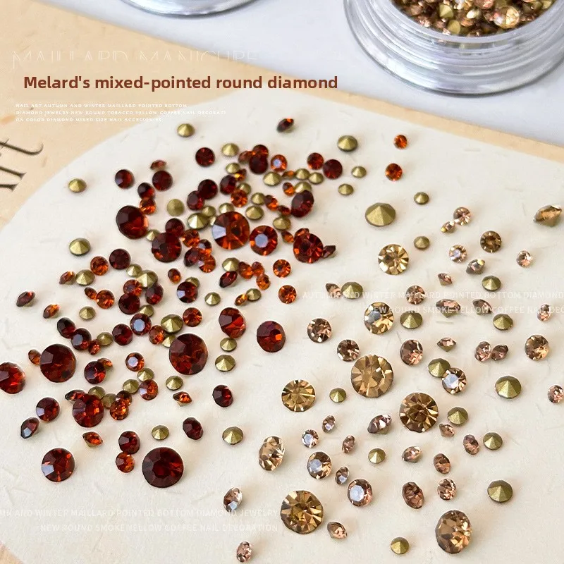 LYLE 5G Maillard Nail Art Charms Autumn Winter Brightening Vintage Coffee Brown Stacked Rhinestones Round Shiny Nail Accessories