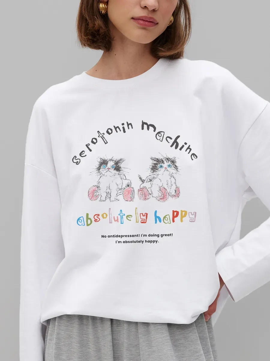 Women Spring Autumn 100% Cotton Long Sleeve T‑Shirt Cute Hand Sketch Cat Colorful Slogan Graphic Print Loose Casual Daily Top
