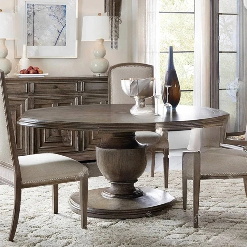 Retro round dining table and chair combination restaurant home solid wood rotating whole