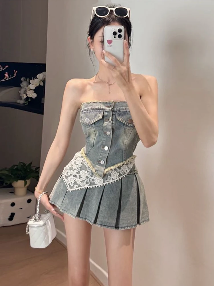 

Trendy Three-piece Set Female Strapless Burrs Edge Denim Vest Fashion Retro Wrap Hips Pleated Short Skirts For Women