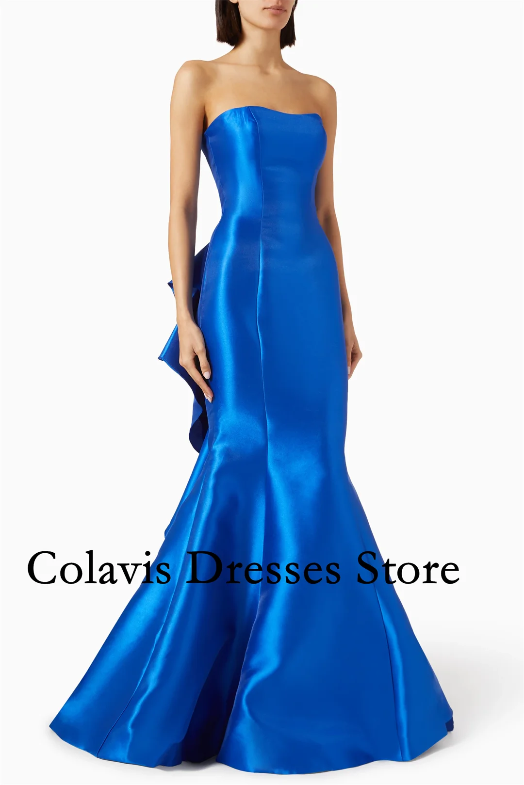 

2025 Индивидуальные без бретелек с оборками, синие атласные платья для выпускного вечера с русалкой, вечернее платье, женские вечерние платья, вечернее платье