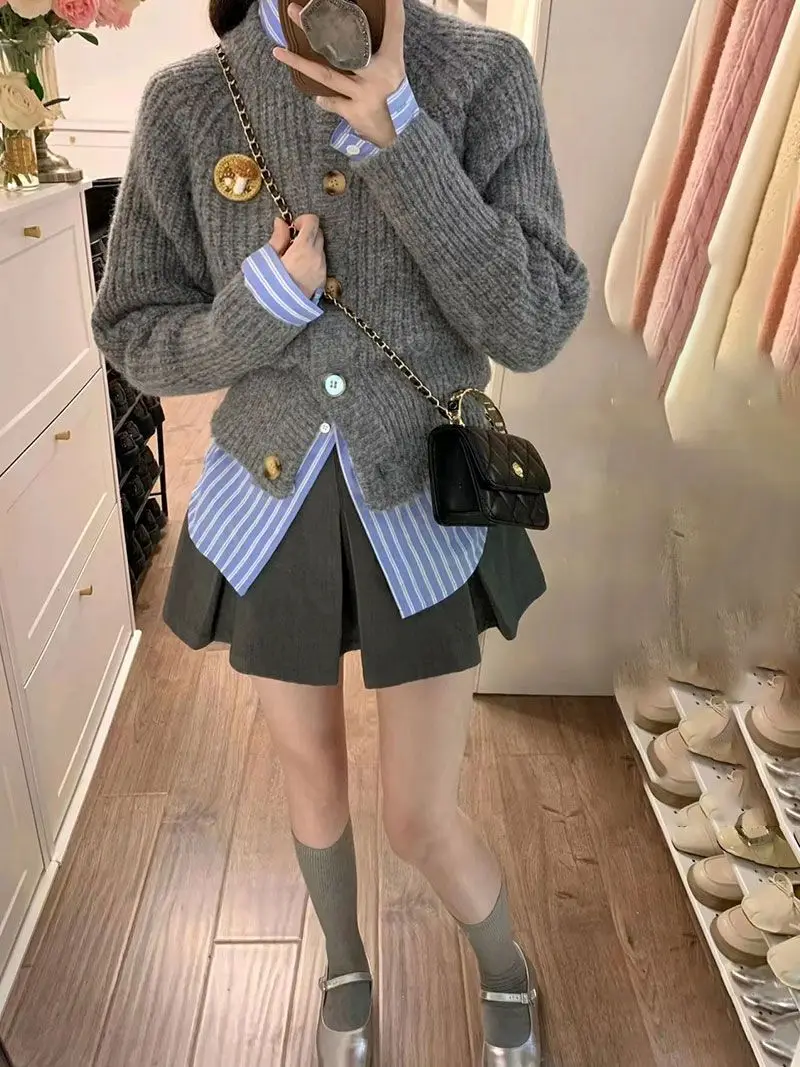 Autumn American Style Waist Cinched Gray Western Style Sweater Cardigan Striped Shirt+half Body Pleated Skirt Three Piece Set