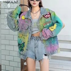 Pattern Doodle Sequins Denim Jacket Turn Down Collar Jeans Outfit Street Wear Outerwear Couples Coats Loose