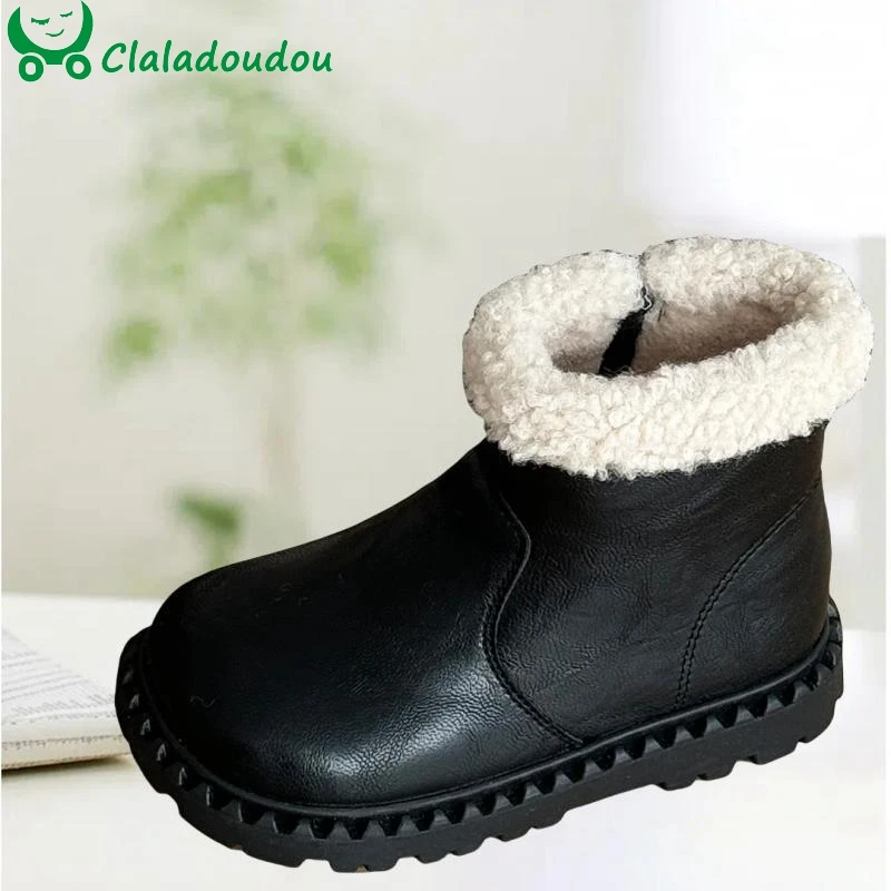 Brand Turned-over Edge Ankle Boots For Kids Girls,Solid Brown Black Simple Retro Winter Zip Boots For Toddler Boy,Baby Warm Shoe