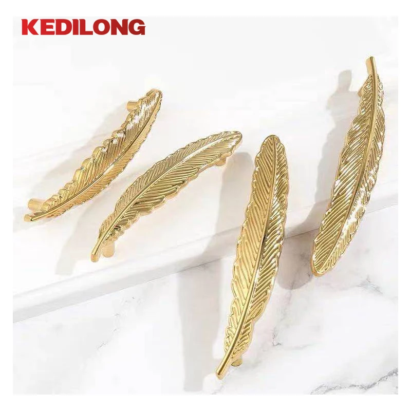 KEDLO 황동 손잡이 캐비닛 깃털 골드 옷장 문짝 손잡이, 모던하고 심플한 고급 캐비닛 문짝 구리 손잡이