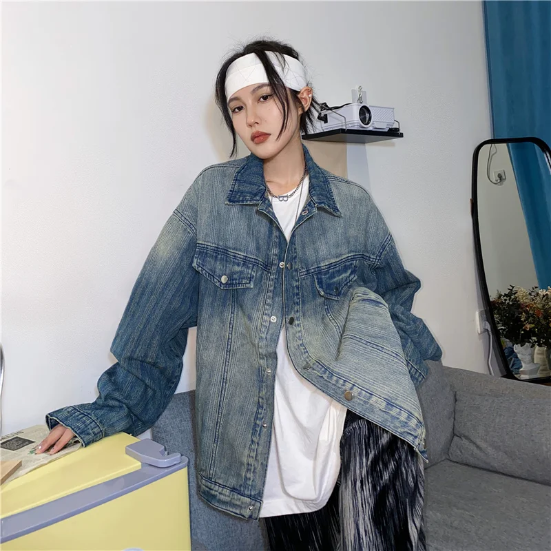 Spring American Retro Turn-down Collar  Stripe Simple Pocket Loose Fashion Women Denim Shirt Tops Z184