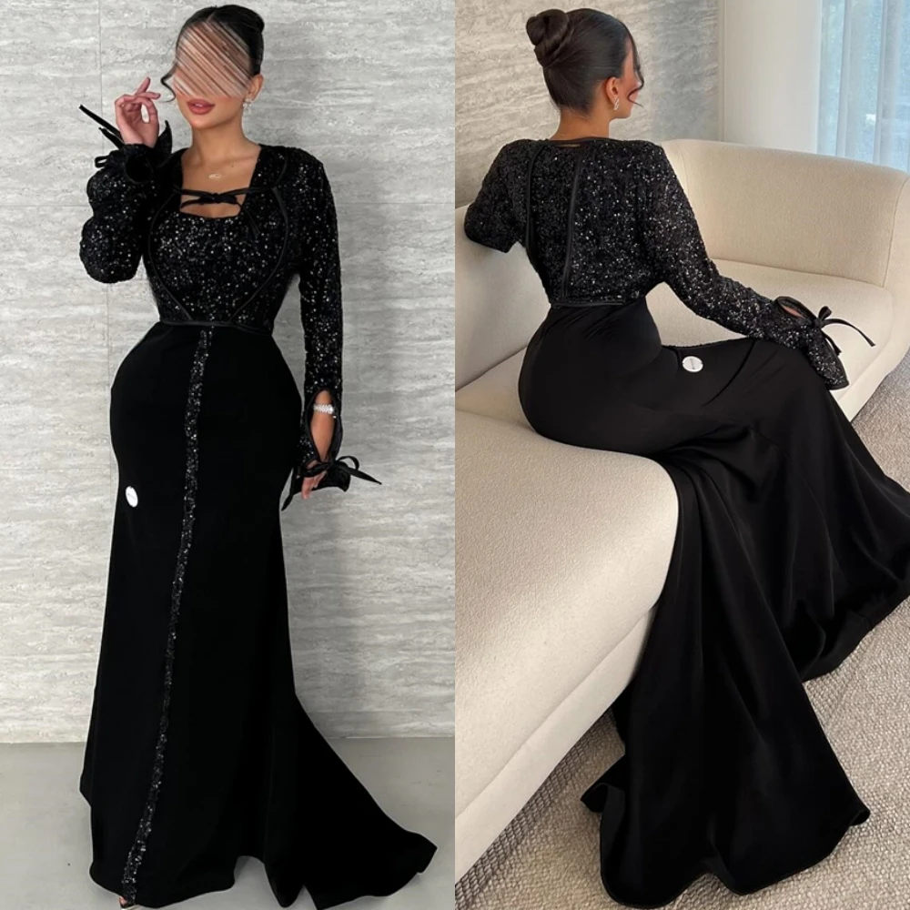 

Customized High Quality Jersey Evening Dress Classic Square Collar Prom Dresses Fashion Long Sleeves Special Occasion Gowns