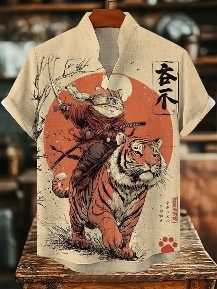 

Men's Funny Cat Warrior Tiger Japanese Art Print Shirts 3D Casual Holiday Hawaiian Shirts Summer Women Short Sleeve Lapel Blouse