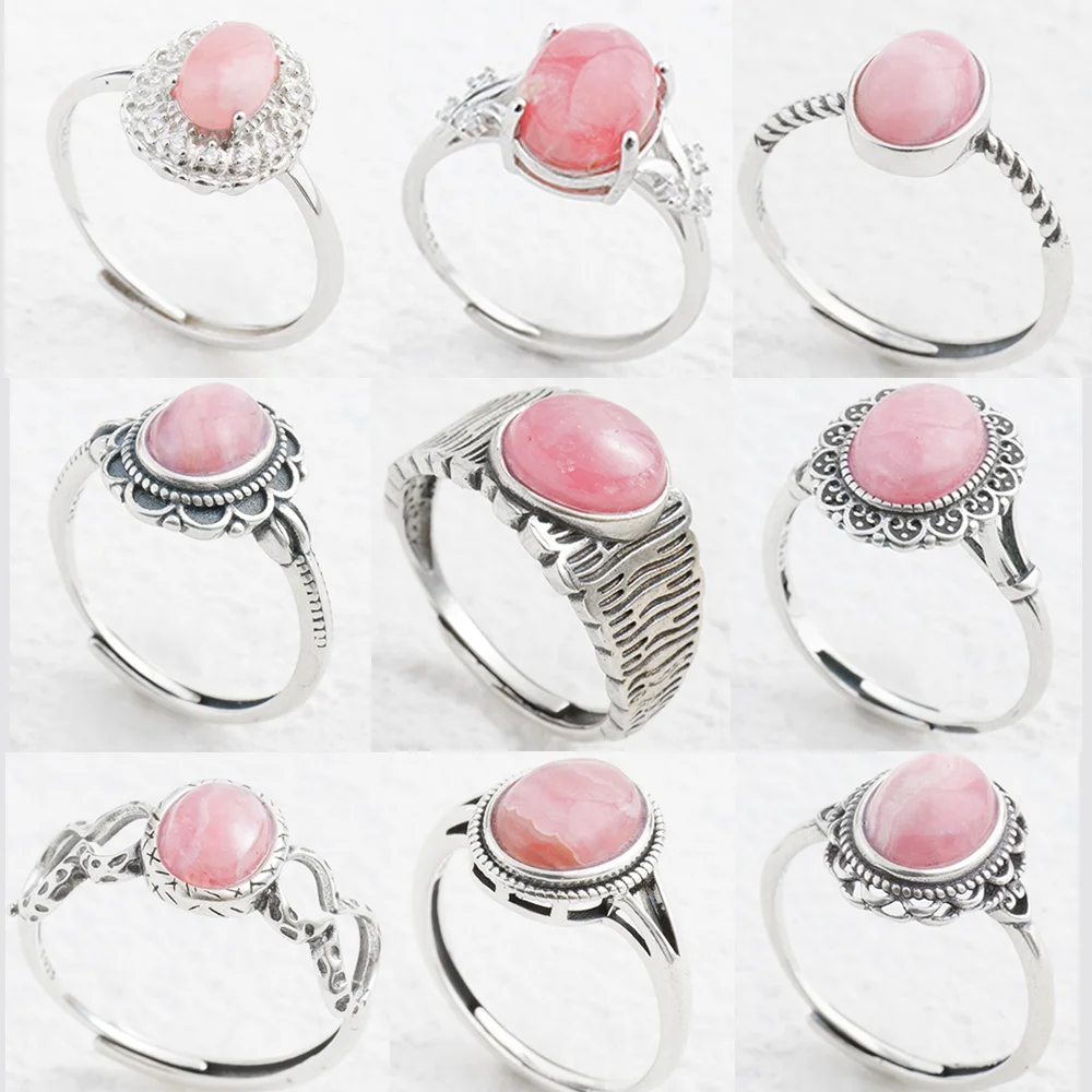 

925 sterling silver natural rhodochrosite ring, retro elegant adjustable pink gemstone wedding ring, jewelry gift, women's ring