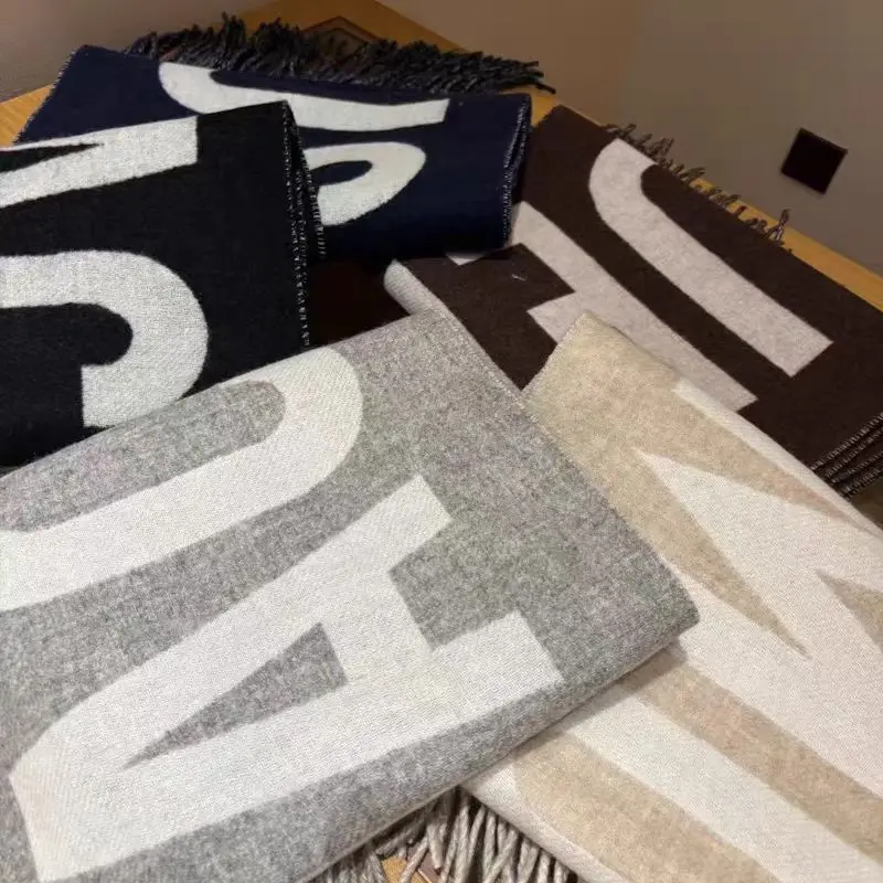 

Модный роскошный женский шарф из 100% шерсти с надписью и бахромой для мужчин и женщин, зимняя теплая шаль для шеи, классический длинный кашемировый теплый шарф