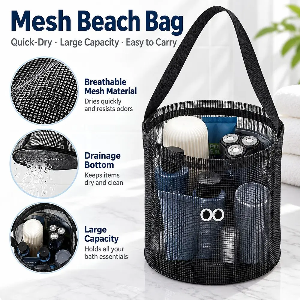 Foldable Shell Collecting Bag Mesh Structure Carry Strap Mesh Beach Bucket Embroidered Eyes Round Base Beach Tote Beach Outings