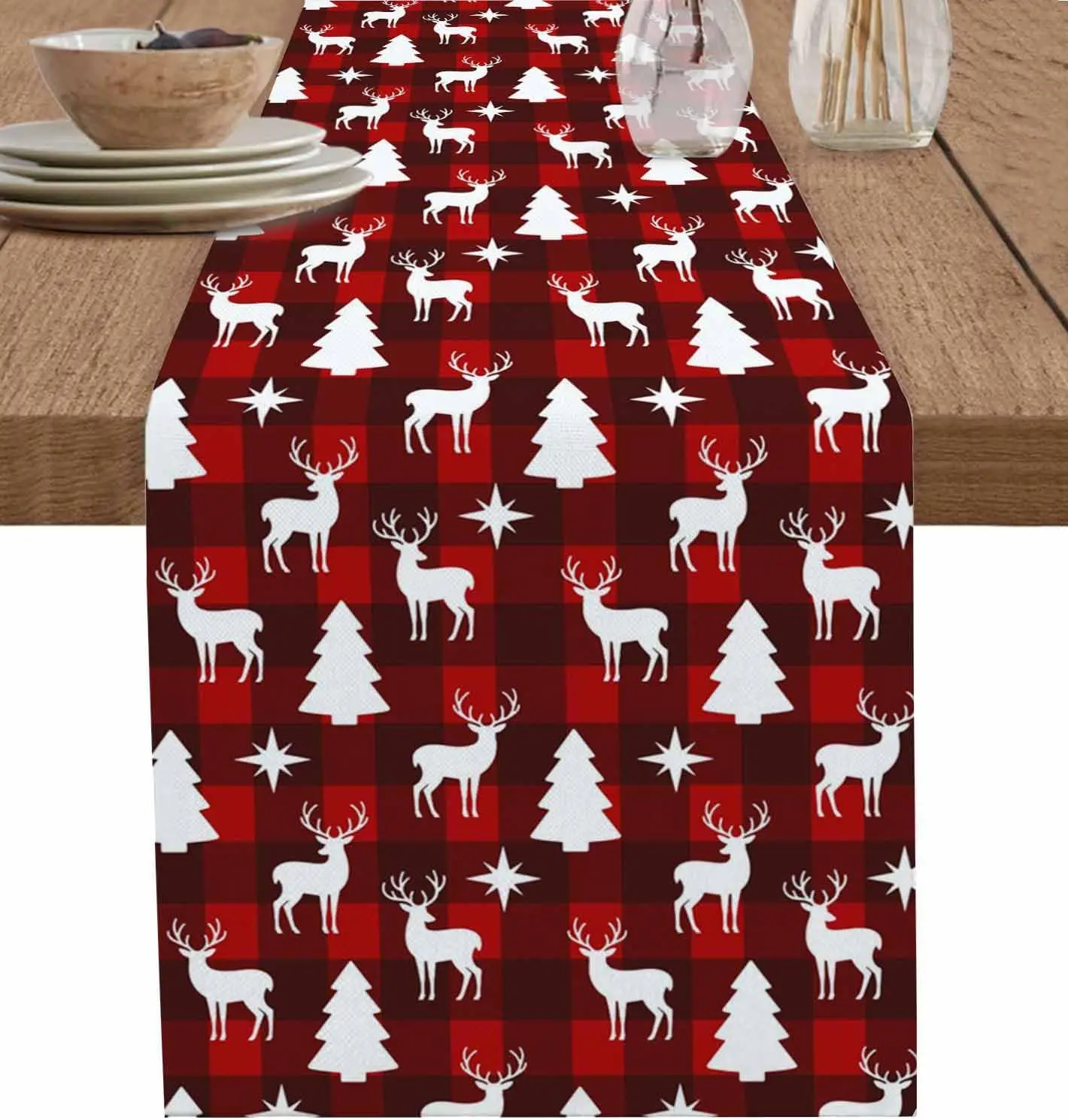 

Christmas Tree Deer Linen Table Runners Holiday Party Decorations Farmhouse Kitchen Dining Table Runners Navidad Decorations