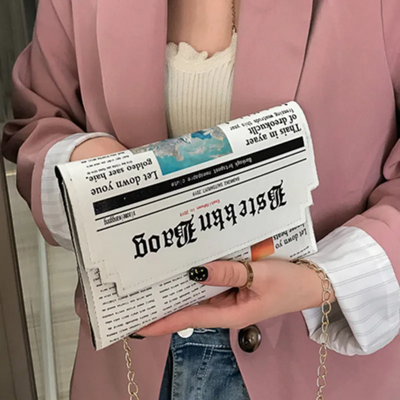 Envelope Bag Women New Personality Inkjet Newspaper Clutch Bags Joker Shoulder Messenger Bag Chain Evening Bags Dropshipping