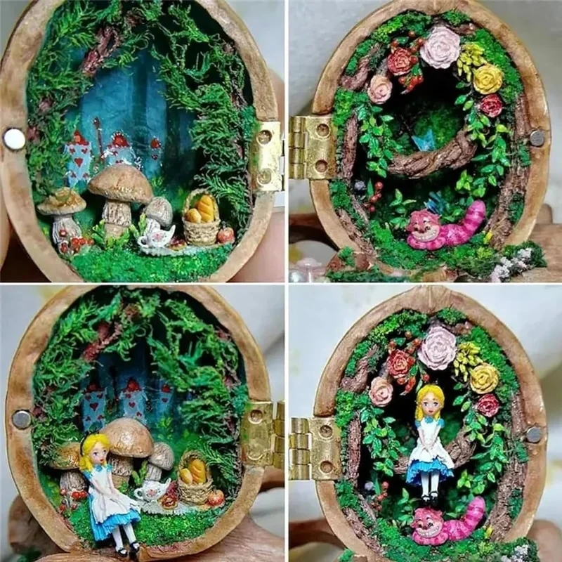 Walnut Shell Dollhouse Tiny World Inside Walnuts Resin Miniature Dollhouse Kit Handmade Mini Library 3D Children\'s Toy Gift