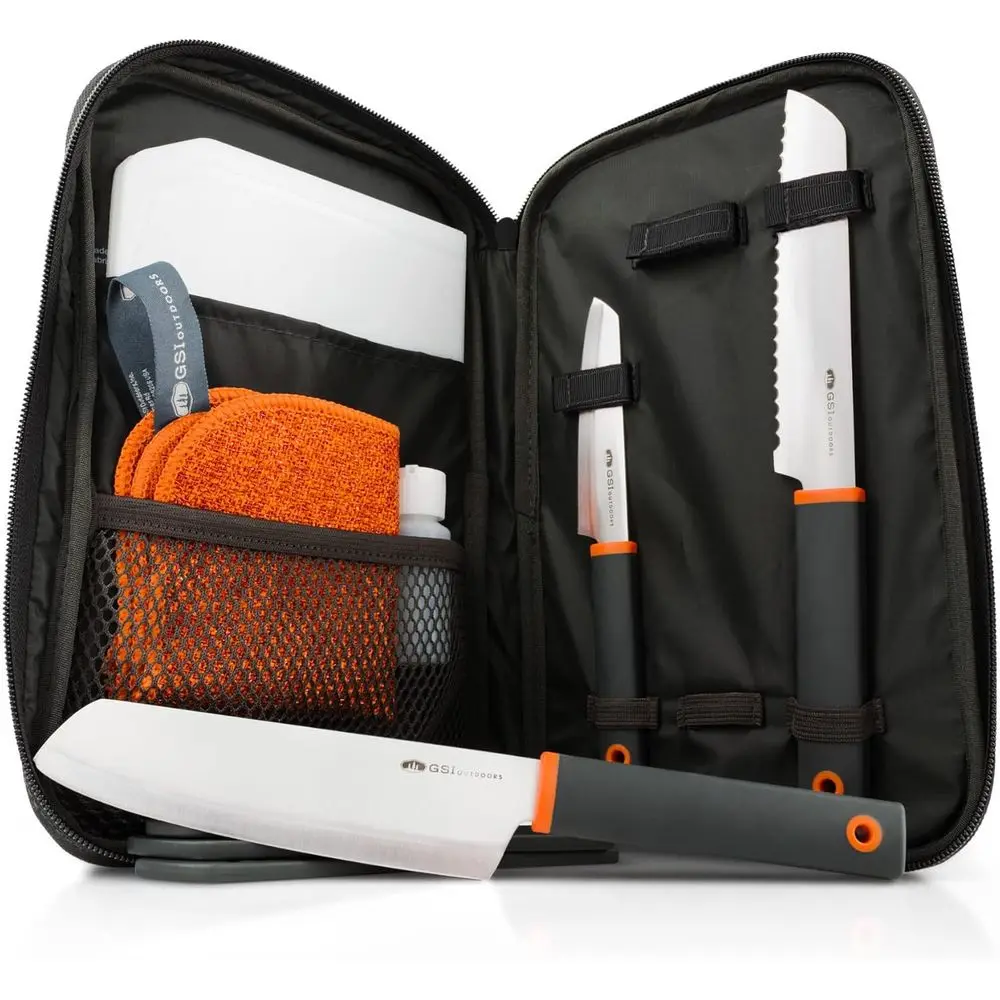 

Compact 6-Piece Camping Knife Set with Cutting Board, Sheaths, Soap Bottle, and Travel Case