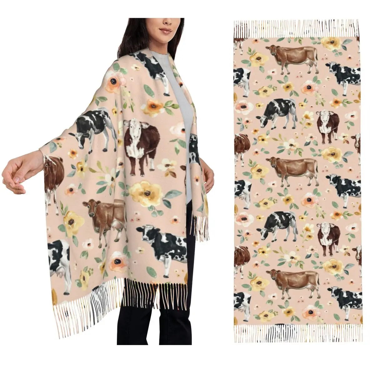 

Корова с цветочным принтом на румяне Розовый, желтый шарф с цветами Шарфы с кисточками для женщин Мягкие теплые шали и накидки Большая осенне-зимняя шаль