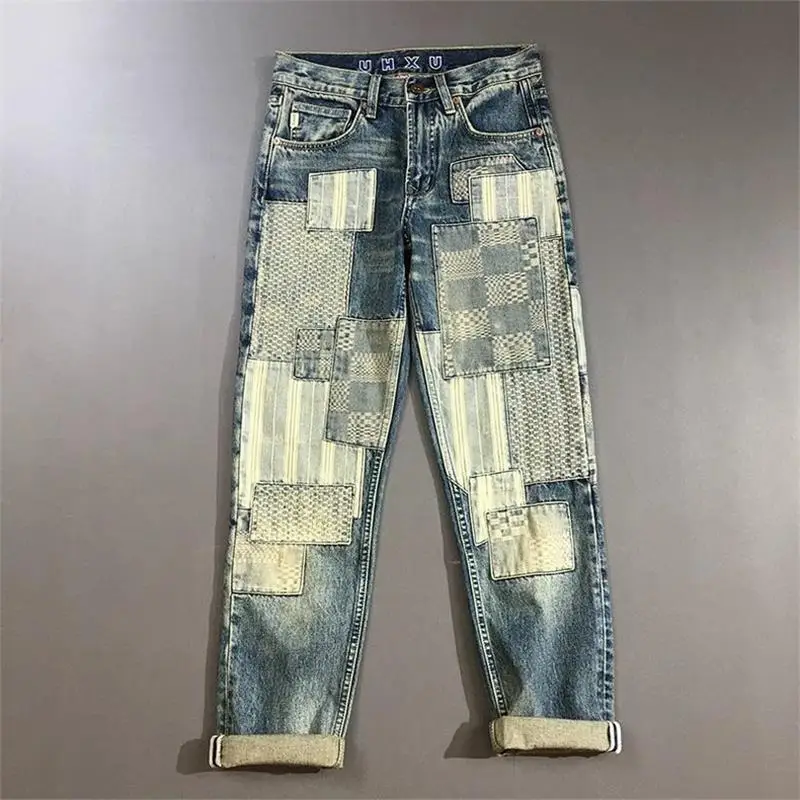 

High-End Design Sense Patchwork Men's Heavyweight Retro Fit Straight Leg American High Street Casual Cotton Feel Long Pants