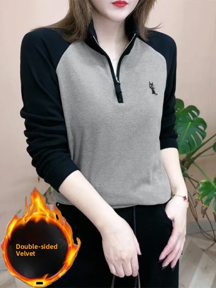 Faionable Double-Sided Velvet Long-Sve Stand Collar Base irt Women's Clothing T-irt Sli Age-Defng All-Match Top