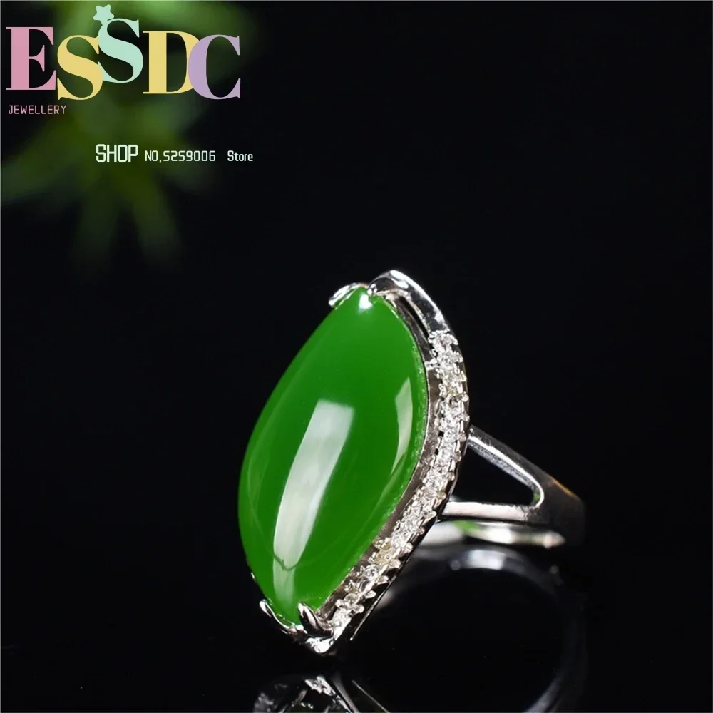 Natural Green Hetian Jade 925 Silver Ring Chinese Jadeite Amulet Fashion Charm Jewelry Hand Carved Crafts Gifts for Women Men
