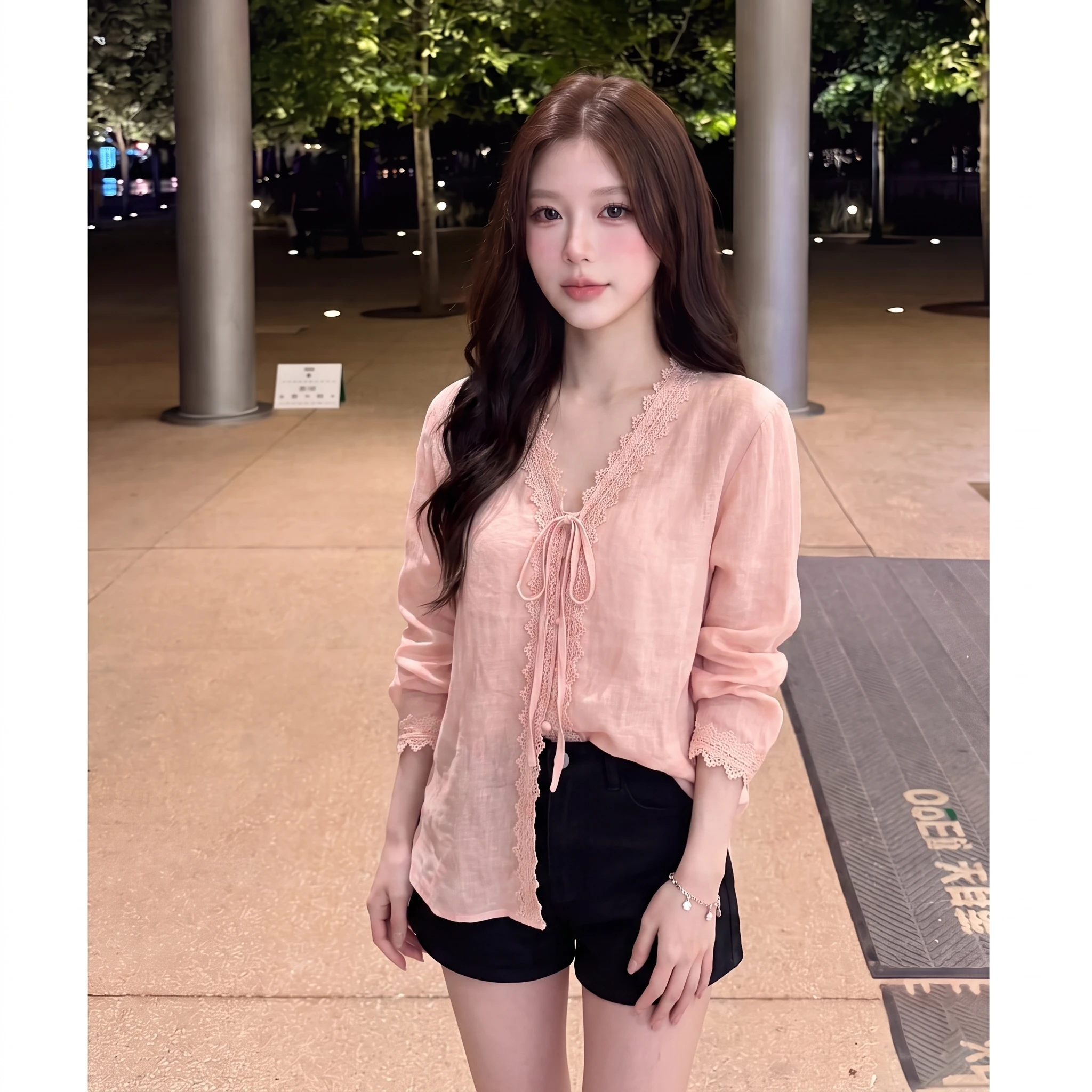 Gentle Evening Landscape Style Women's Shirt V-Neck Lace Splicing Long Sleeve Single Button Sun Protection Fashionable Top