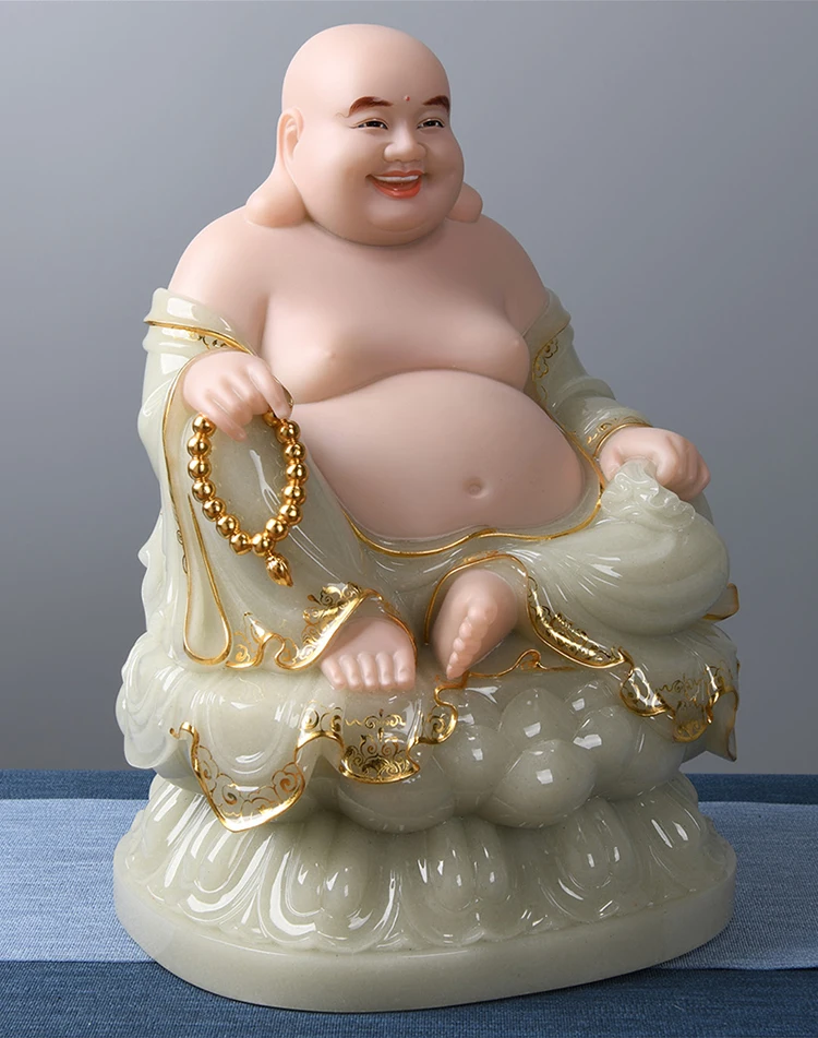 High grade jade Buddha statue Asia HOME Shrine Worship Maitreya God of wealth buddha God Prosperity GOOD LUCK FENG SHUI statue