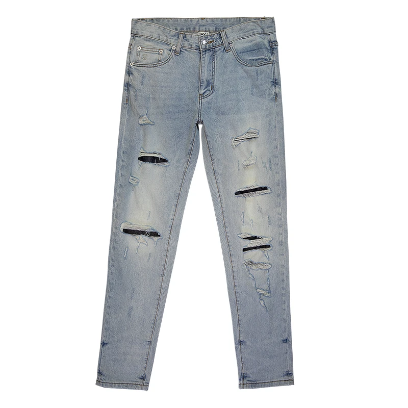

JXNS1019 New high-end broken holes patch jeans vintage washed ins high street light-coloured men's trousers retro long trousers